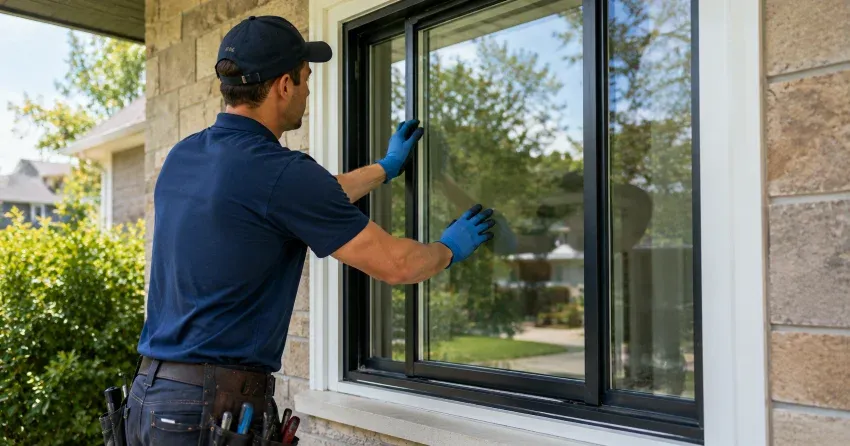 technician measuring a broken window pane for replacement in Brantford