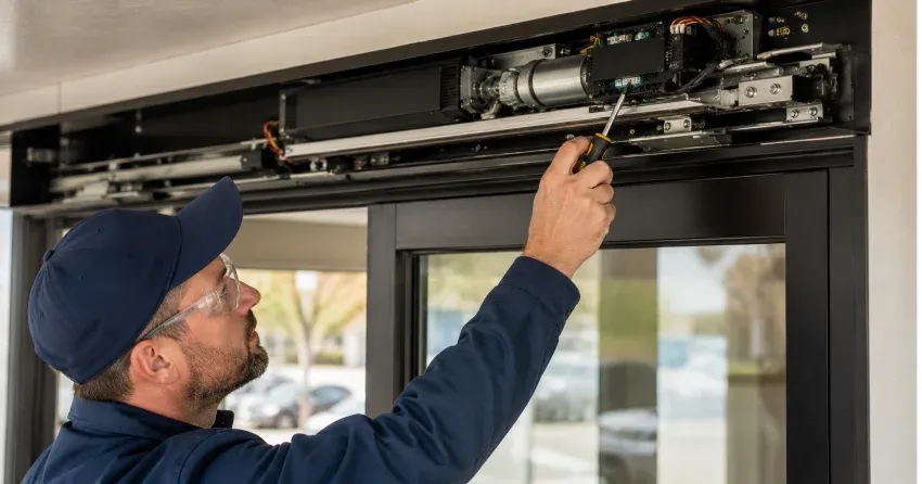 technician completing automatic door repair on residential property in Braneida, Brantford