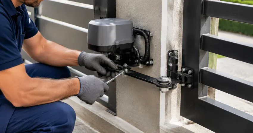 technician diagnosing automatic gate motor and control panel in Brookfield, Brantford