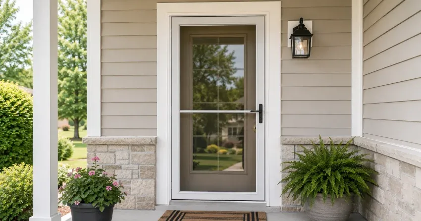 technician hanging storm door square and plumb in Fairview, Brantford
