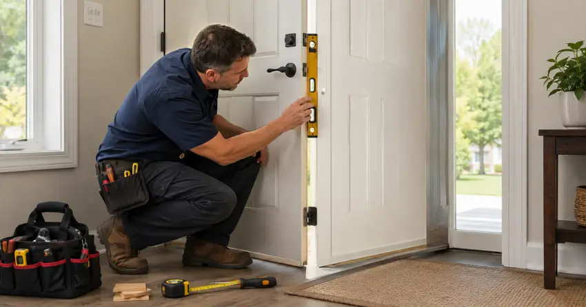 technician diagnosing a misaligned door frame in Brantford