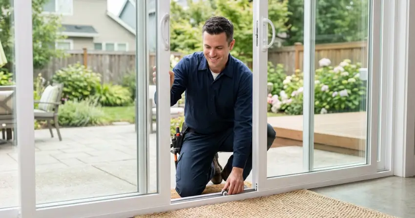 technician diagnosing a sticking patio door in Hillcrest, Brantford