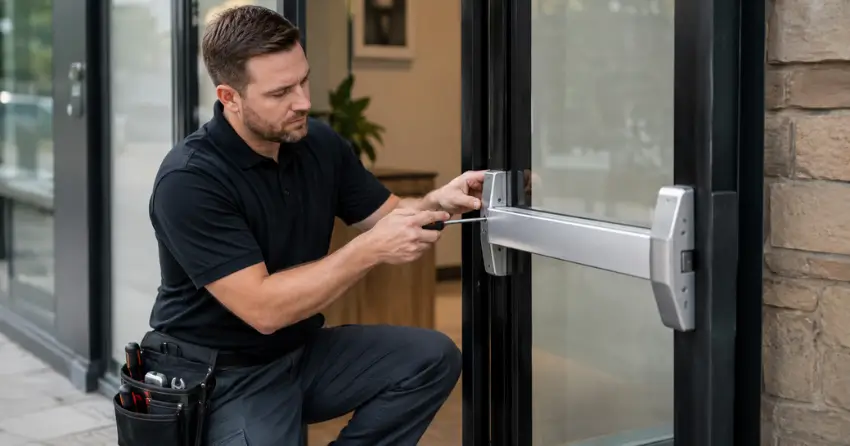 commercial locksmith repairing exit device on storefront door Terrace Hill, Brantford