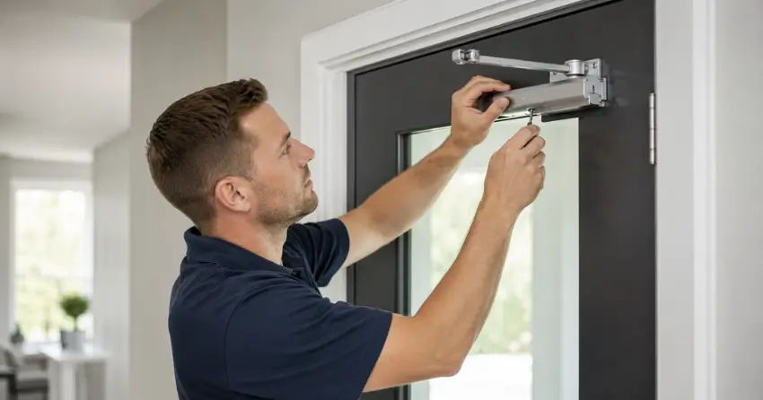 technician adjusting door closer hydraulic valve in Rosedale, Brantford home