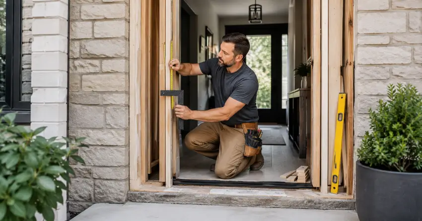 exterior door installer assessing rough opening in Victoria-Arthur, Brantford