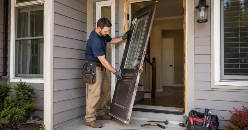 old exterior door being removed for replacement in Ewing, Brantford