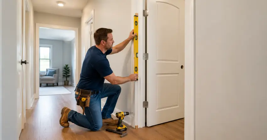 technician installing a pre-hung interior door in a home hallway Brookfield, Brantford