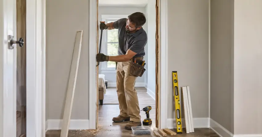 technician removing an old interior door frame during installation Brantford
