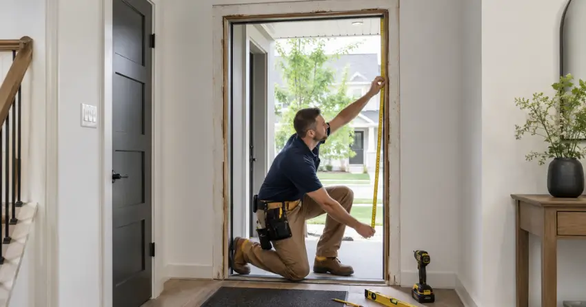 technician measuring a door frame before new door installation in Victoria-Arthur, Brantford
