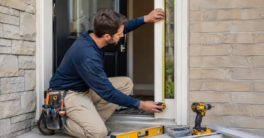 technician measuring door frame before storm door install in Grand Woodlands, Brantford