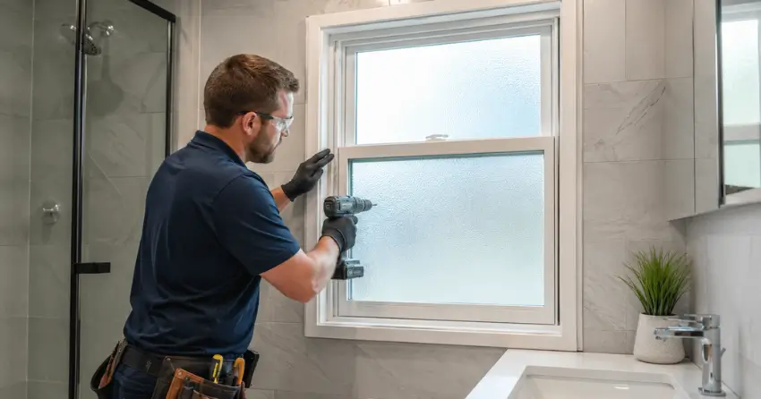 frosted glass installation bathroom window in Oak Hill Dr, Brantford