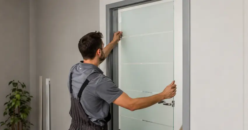 frosted glass interior door panel installation in Eagle Place, Brantford