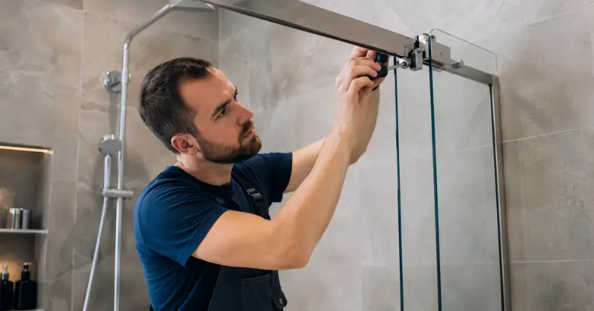 technician adjusting shower door hinge and track in Rosedale, Brantford