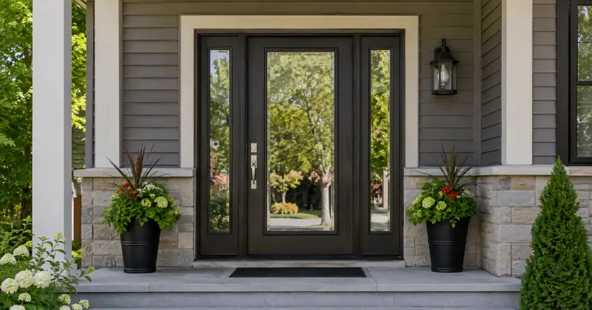 glass entry door with sidelights on a home in St. Andrews, Brantford