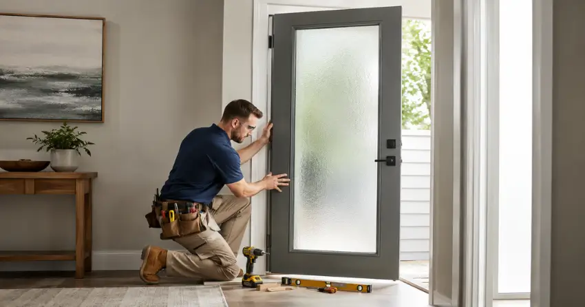 glass panel door installation with frosted privacy glass in residential setting in Arthur, Brantford