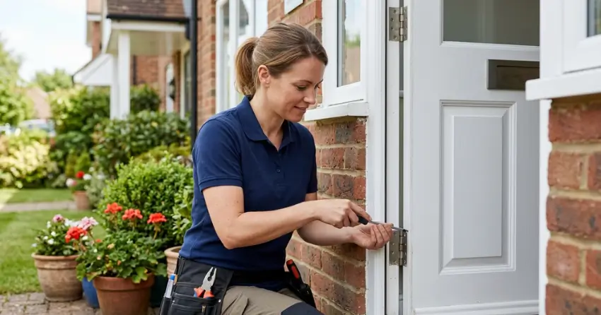 technician repairing exterior door hinge and frame in Lansdowne, Brantford