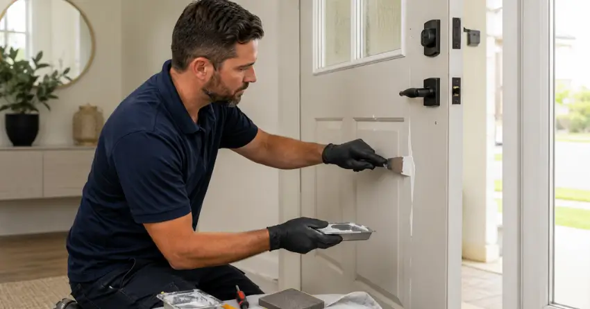 technician repairing fiberglass door surface crack in Grove, Brantford
