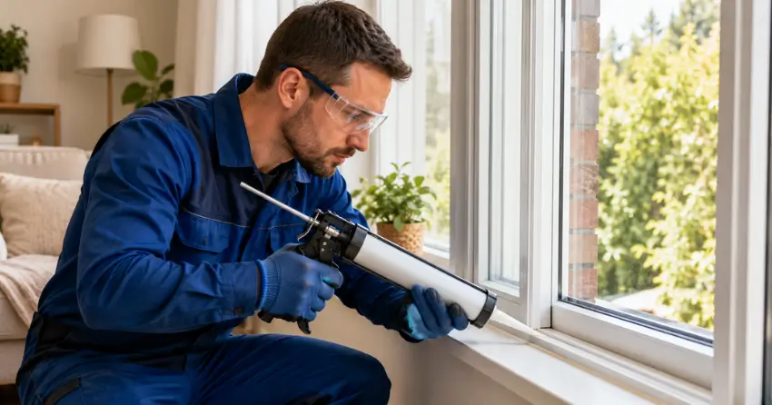 technician repairing window seal and frame in Ava Rd, Brantford