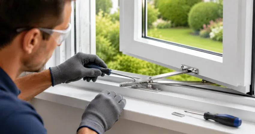 automatic door technician inspecting sensor and control panel in Hillcrest, Brantford