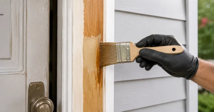 technician probing rotted wood on a door frame in Old West Brant, Brantford