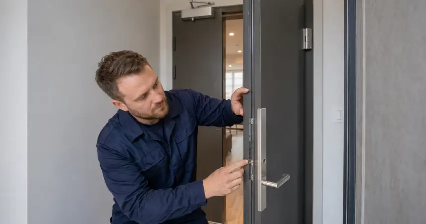 technician inspecting fire-rated door seal and hardware in Cedarland, Brantford