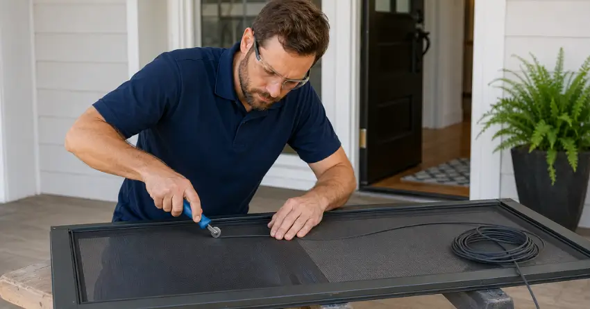 technician replacing screen door mesh and spline in Brantford